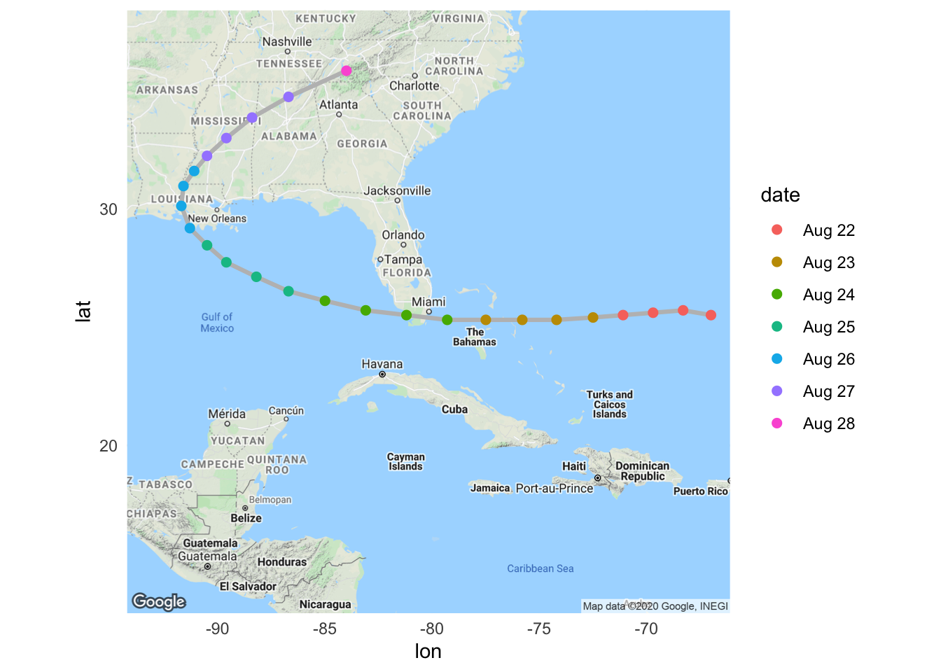 Hurricane Andrew tracks by date, based on Miami, FL, local time.
