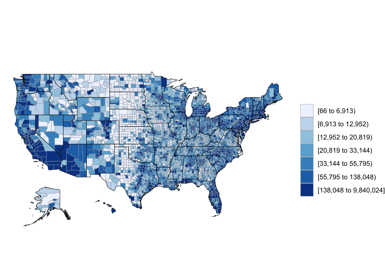 choropleth map of us population density